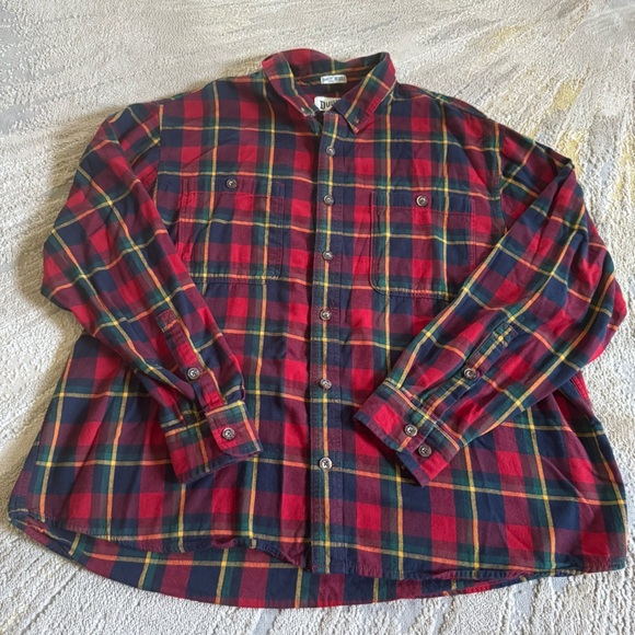 Duluth Trading shirt red navy tartan plaid relaxed fit button front flannel 2XL - Picture 1 of 8